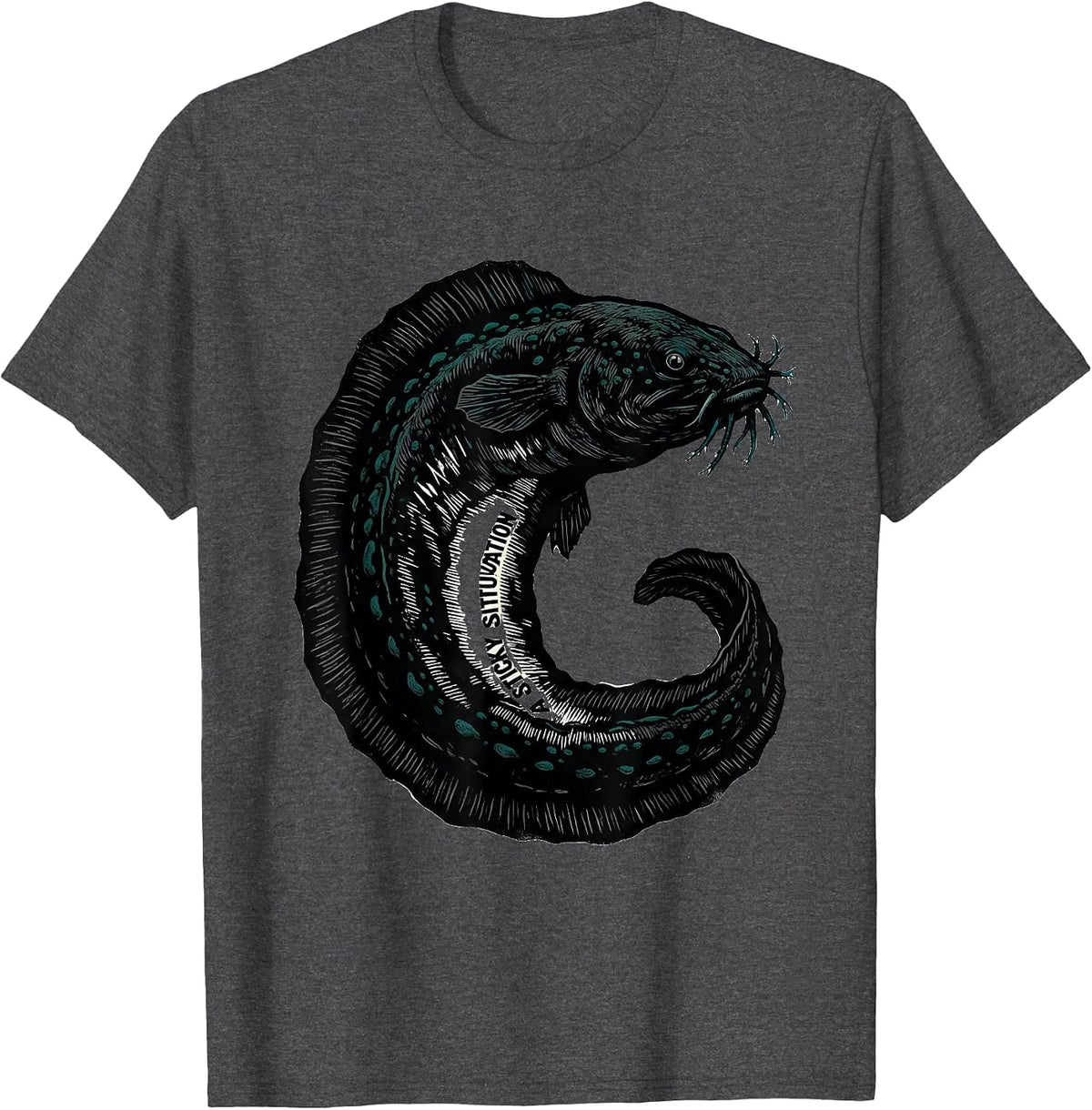 A Sticky Situation Linocut Shark Humor Ocean Wildlife T-Shirt - Dark Heather Grey