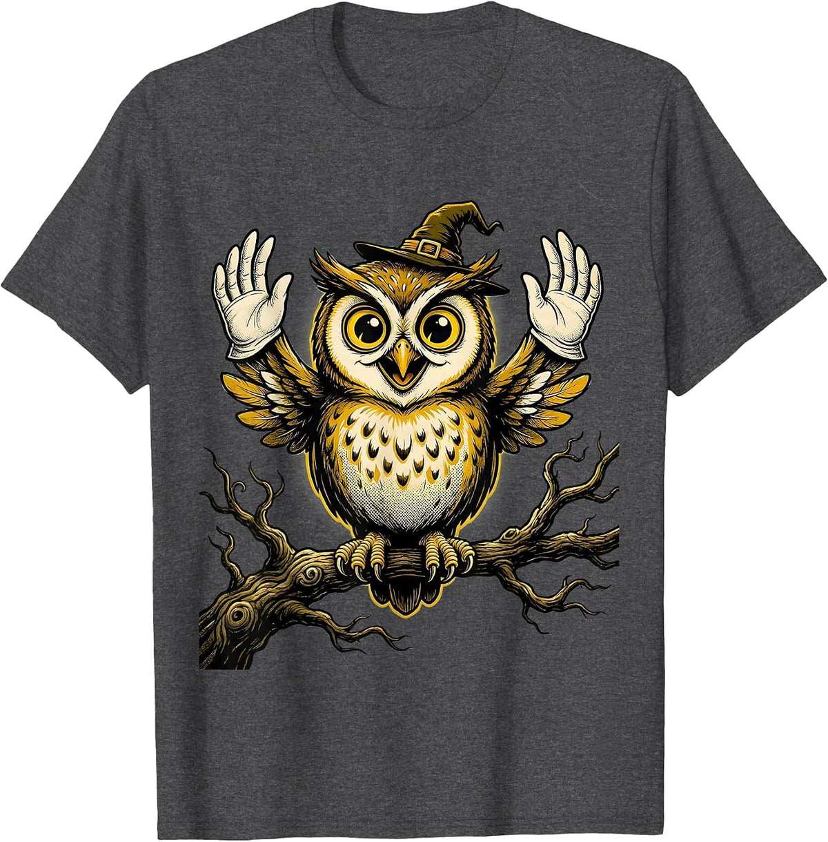 Spooky Owl on Bare Tree Branch Halloween Design T-Shirt - Dark Heather Grey