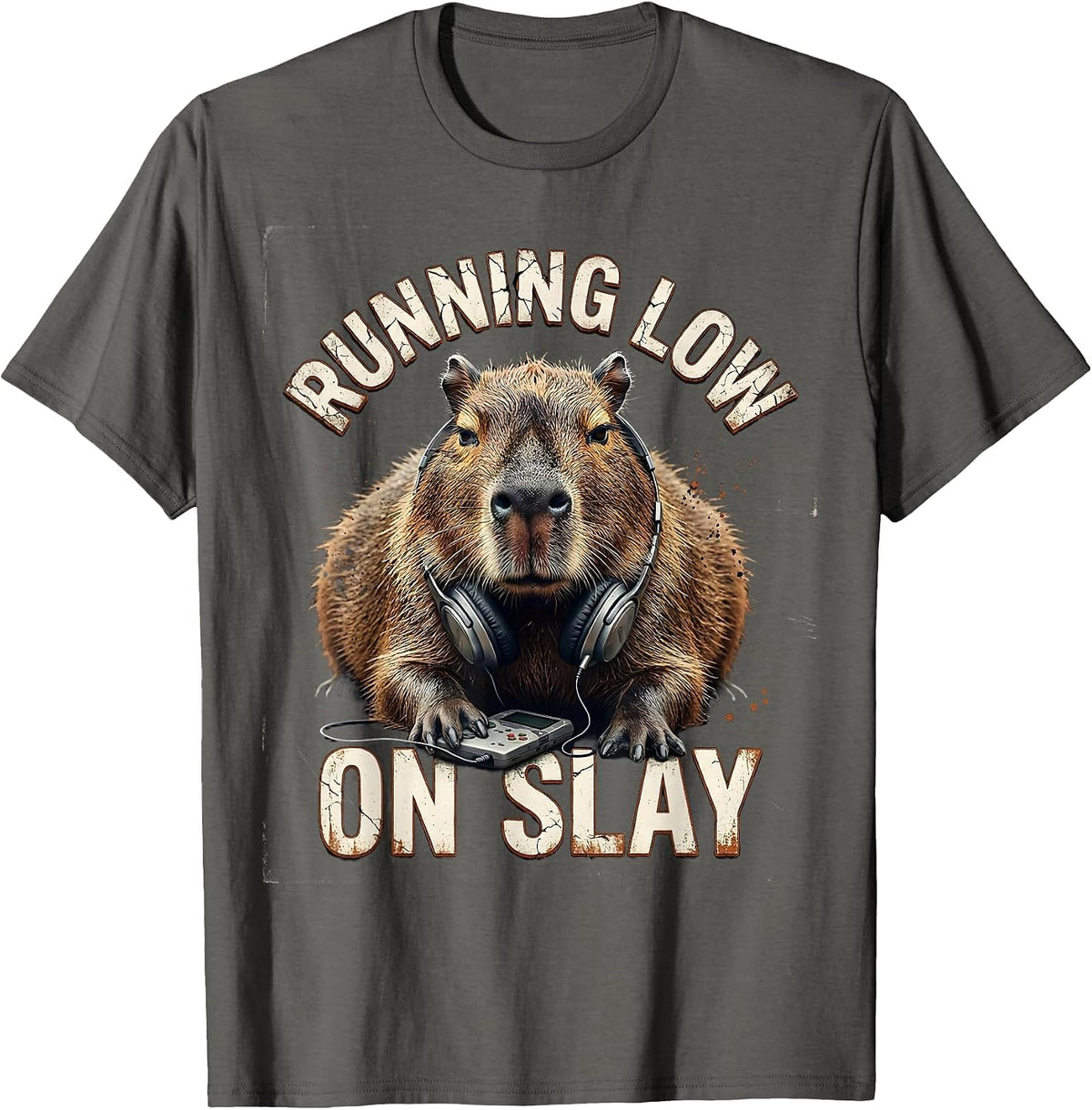 Men's running low on slay Distressed Capybara Gamer Meme Humor T-Shirt - Asphalt Grey