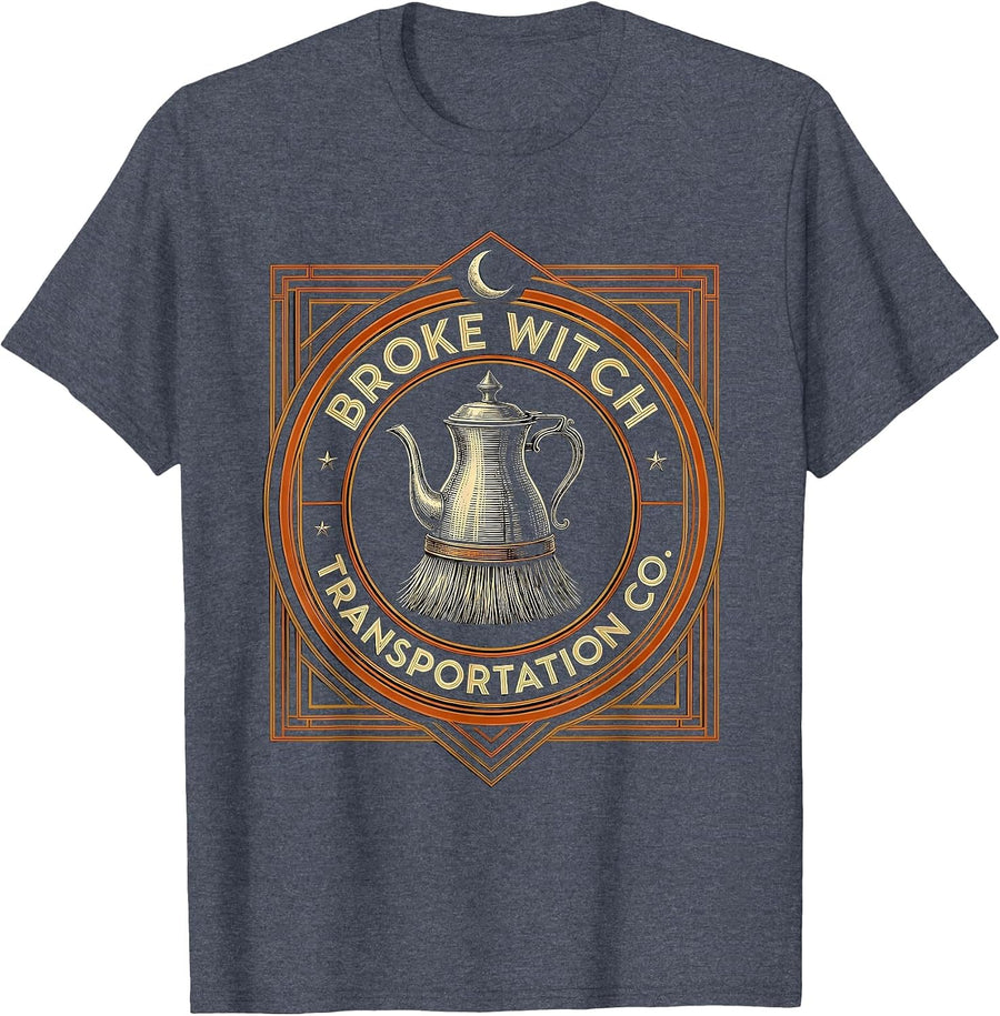 Etched Half-Broom Half Coffee Urn Emblem Halloween Witch T-Shirt - Heather Blue