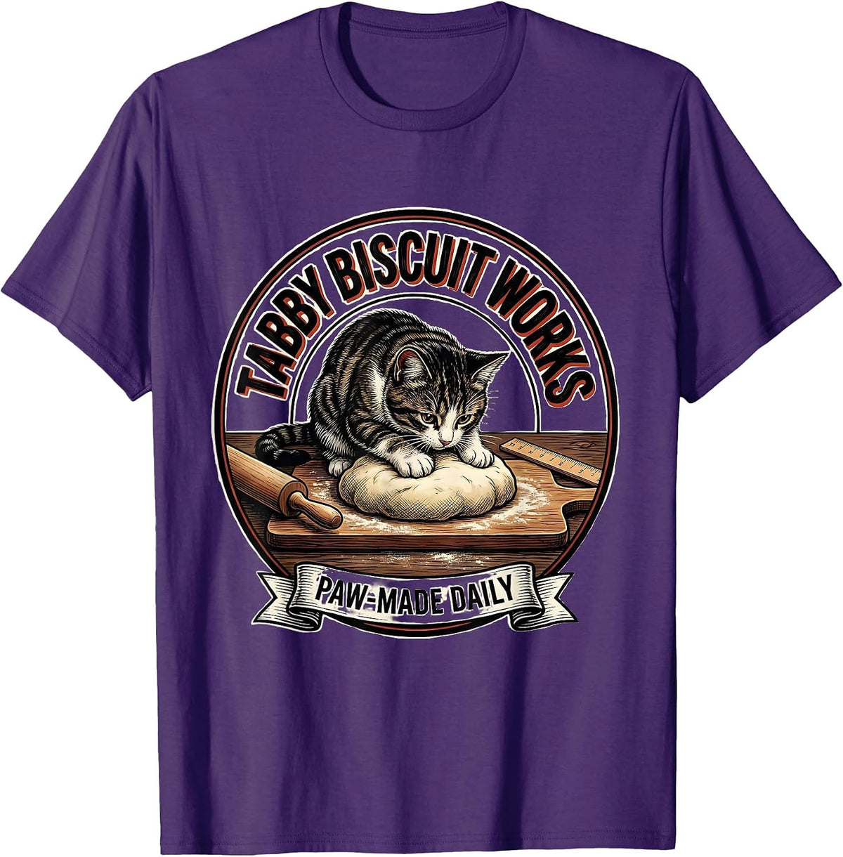 Tabby Biscuit Works Paw-Made Daily Funny Cat Lover Baking T-Shirt - Purple
