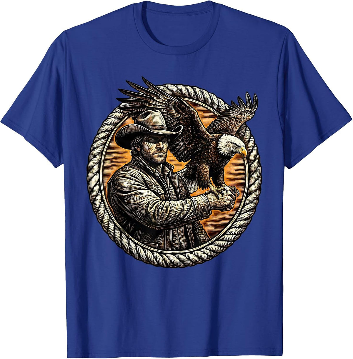 Eagle and Cowboy Outstretched Arm Illustration T-Shirt - Royal Blue