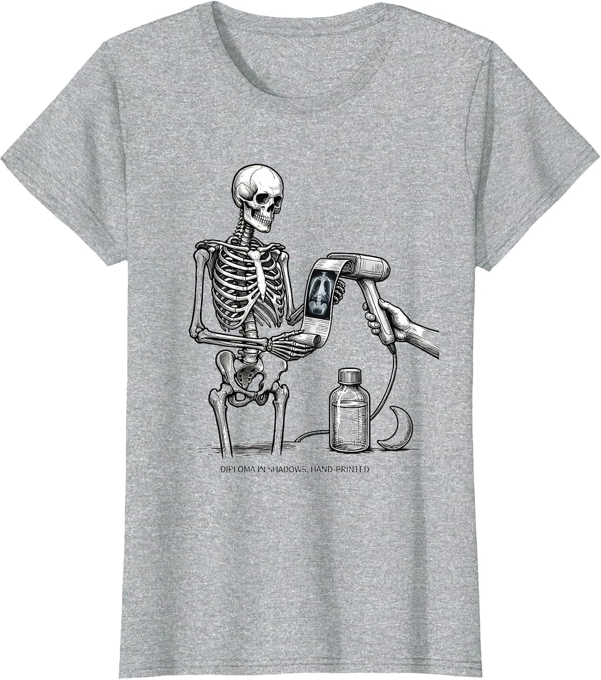 Women's Diploma In Shadows Hand-Printed Radiology Tech Halloween T-Shirt - Heather Grey