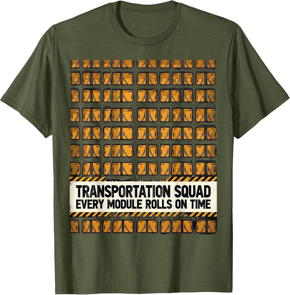 Transportation Squad, Every Module Rolls On Time School Bus T-Shirt - Olive Green