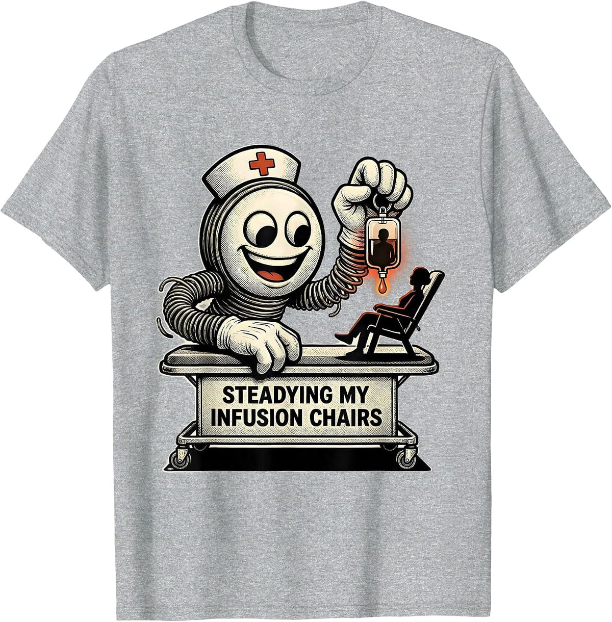 Men's Steadying My Infusion Chairs Retro Cartoon Nurse T-Shirt - Heather Grey