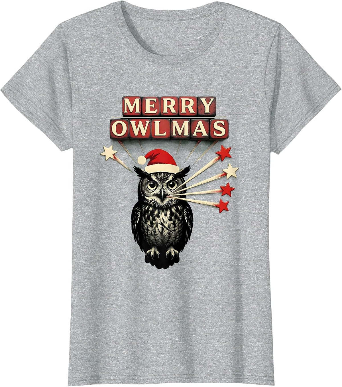 Women's Merry Owlmas! Owl Lover Santa Hat Christmas Lights Novelty T-Shirt - Heather Grey