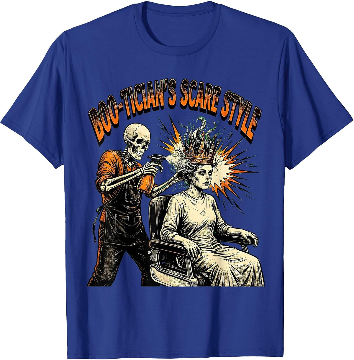 Boo-tician's Scare Style Comic Book Skeleton Hairdresser T-Shirt - Royal Blue