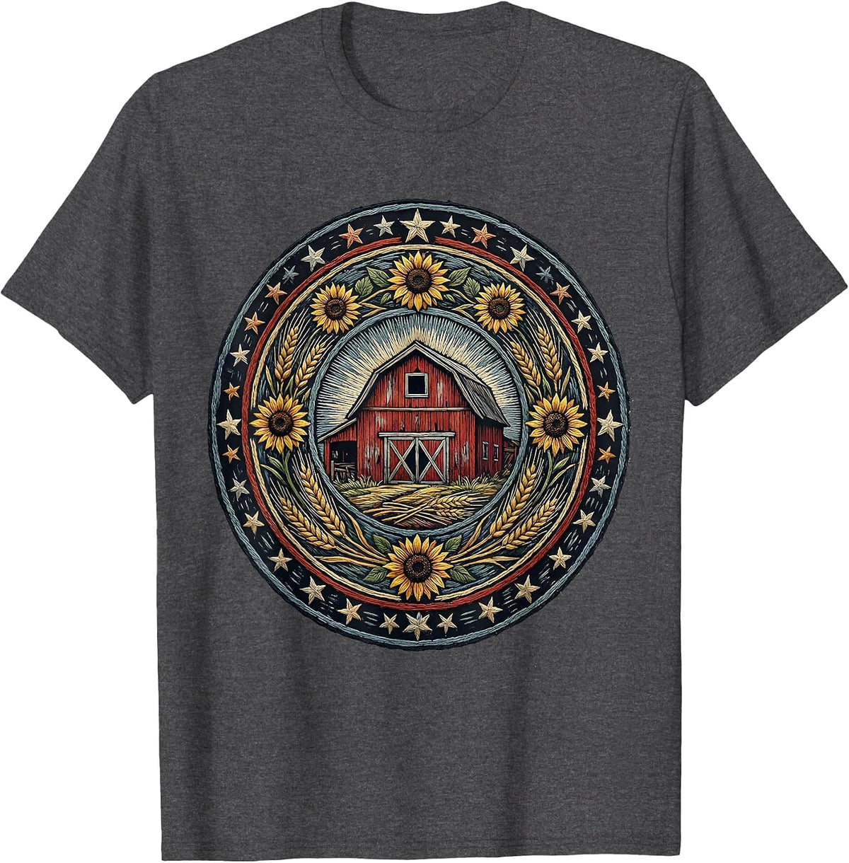Men's Red Barn Blue Sky Stars Patriotic Country Design T-Shirt - Dark Heather Grey