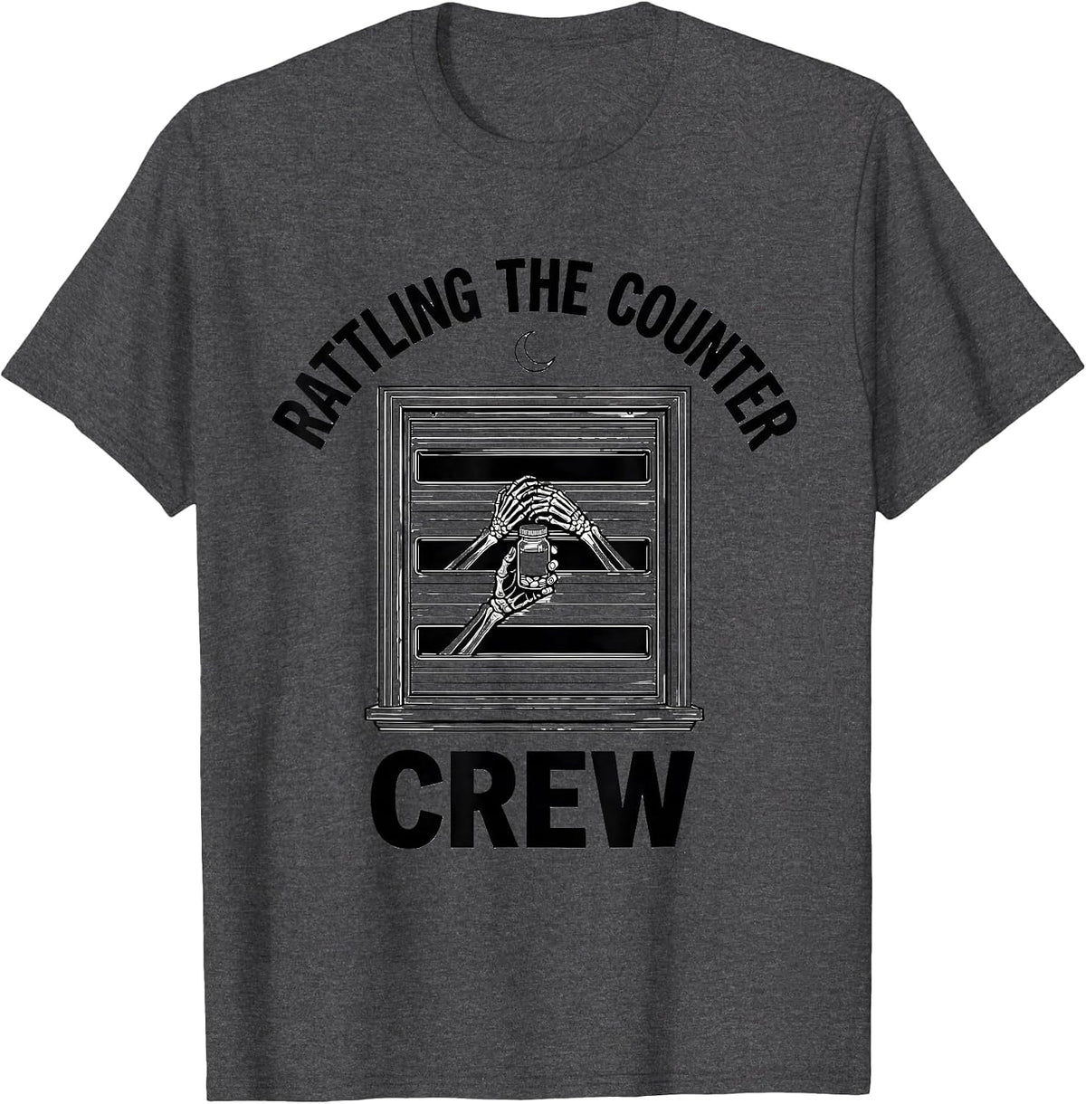 Men's Rattling The Counter Crew Funny Pharmacy Tech Skeleton T-Shirt - Dark Heather Grey