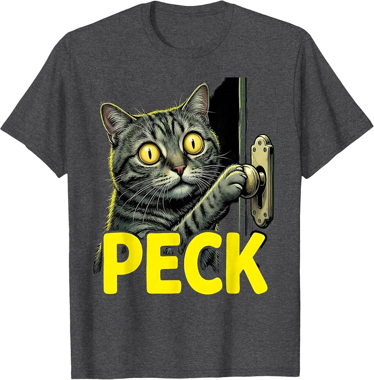 Men's Peck Cartoon Gray Tabby Cat Halloween Horror Parody Humor T-Shirt - Dark Heather Grey