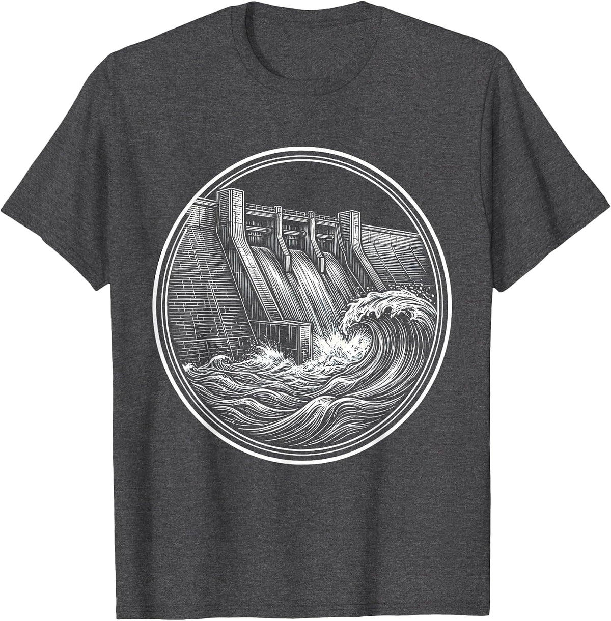 Dam Gate Release Rushing River Graphic T-Shirt - Dark Heather Grey