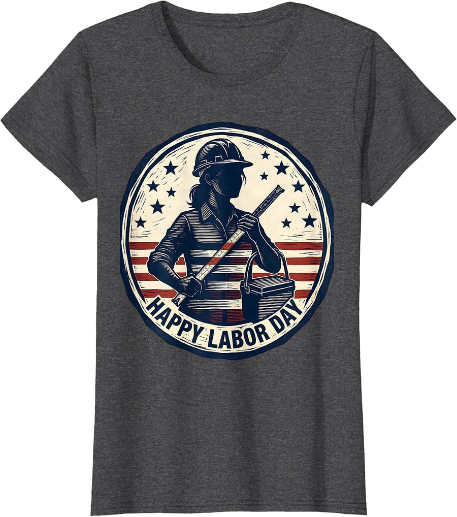 Women's Happy Labor Day Patriotic Woman Linocut Labor Day Weekend T-Shirt - Dark Heather Grey
