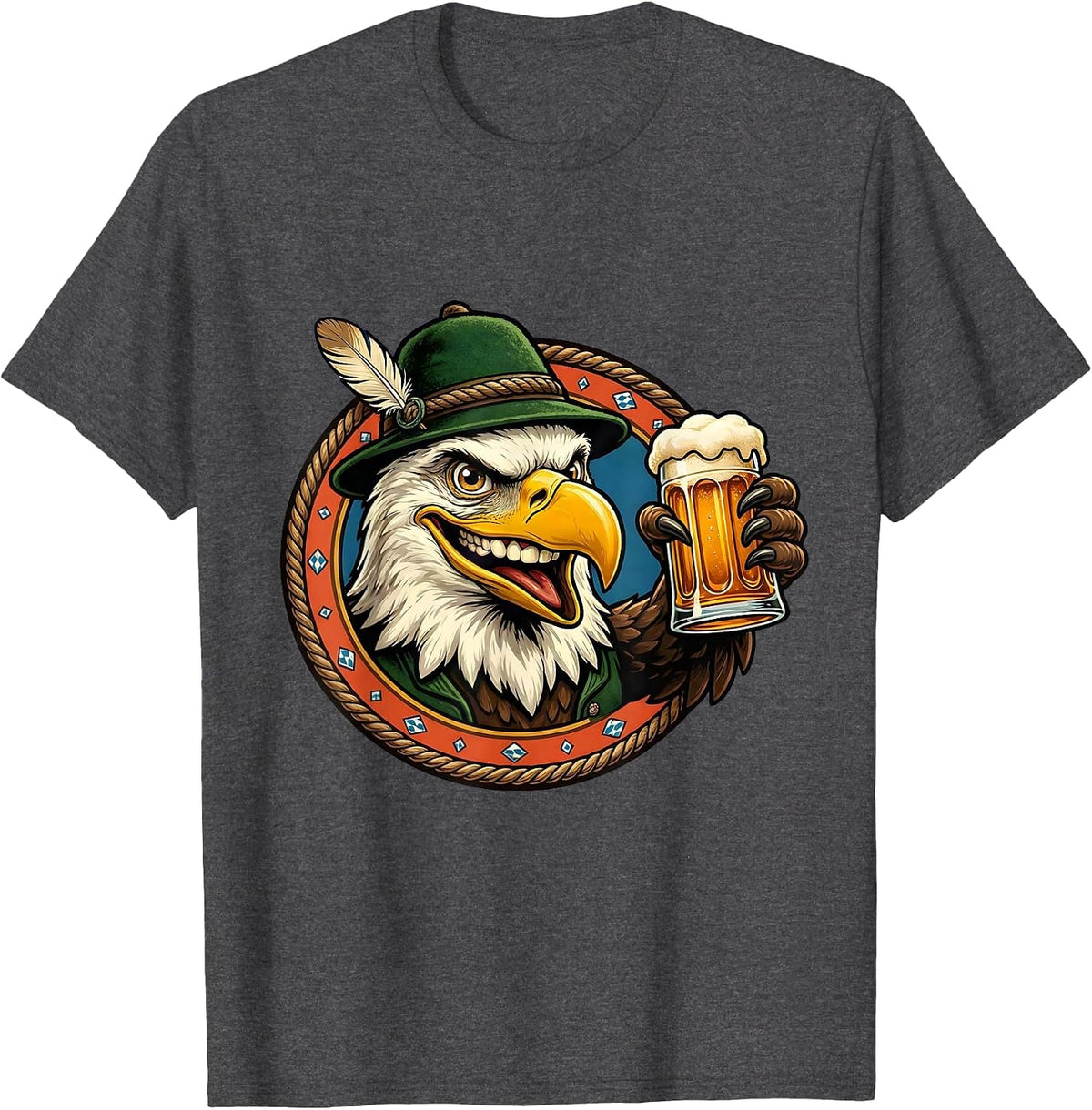 Men's Bald Eagle Bavarian Hat Beer Oktoberfest Graphic T-Shirt - Dark Heather Grey