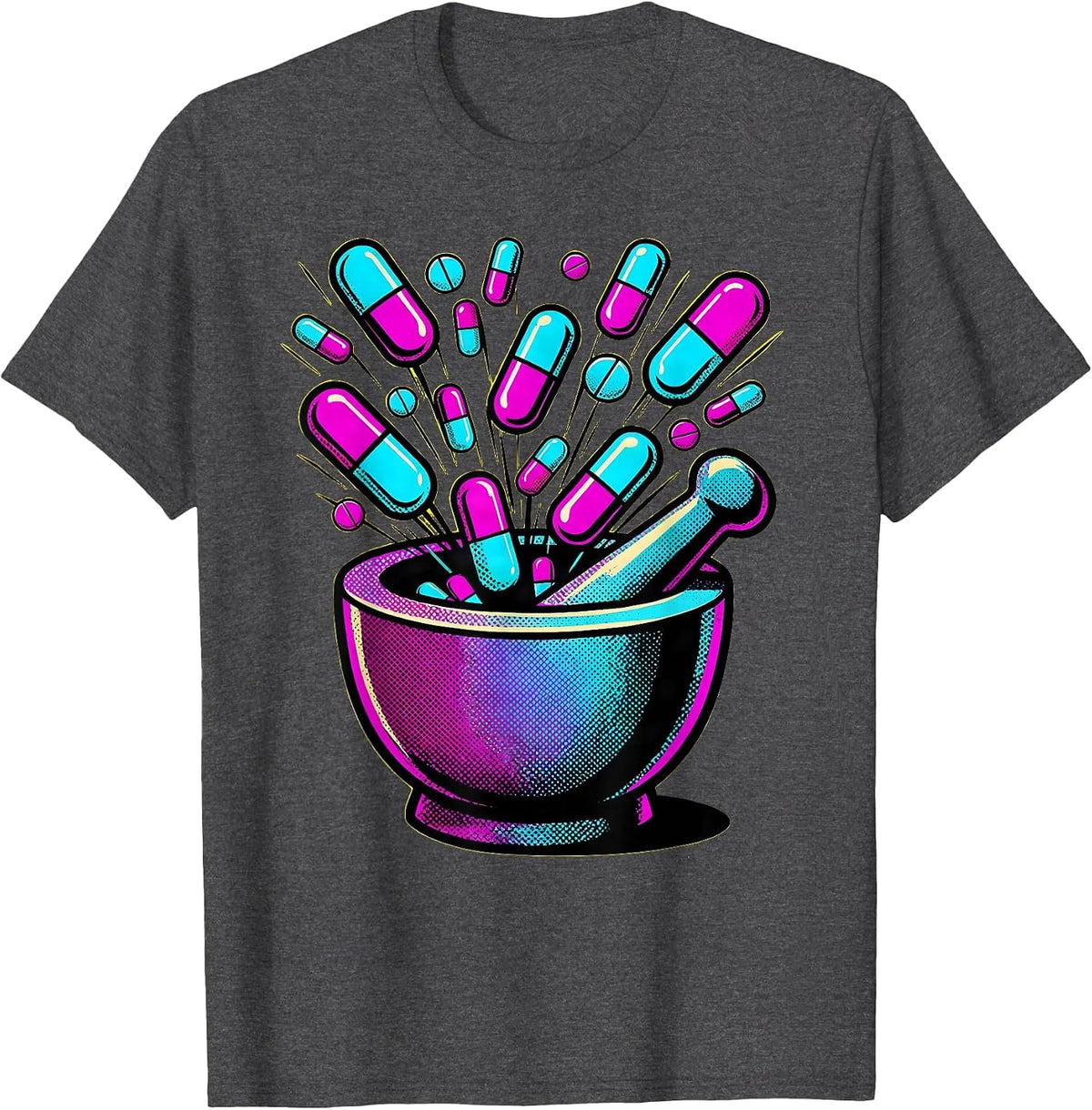 Pharmacy Technician Mortar Pestle Glowing Pills Art T-Shirt - Dark Heather Grey