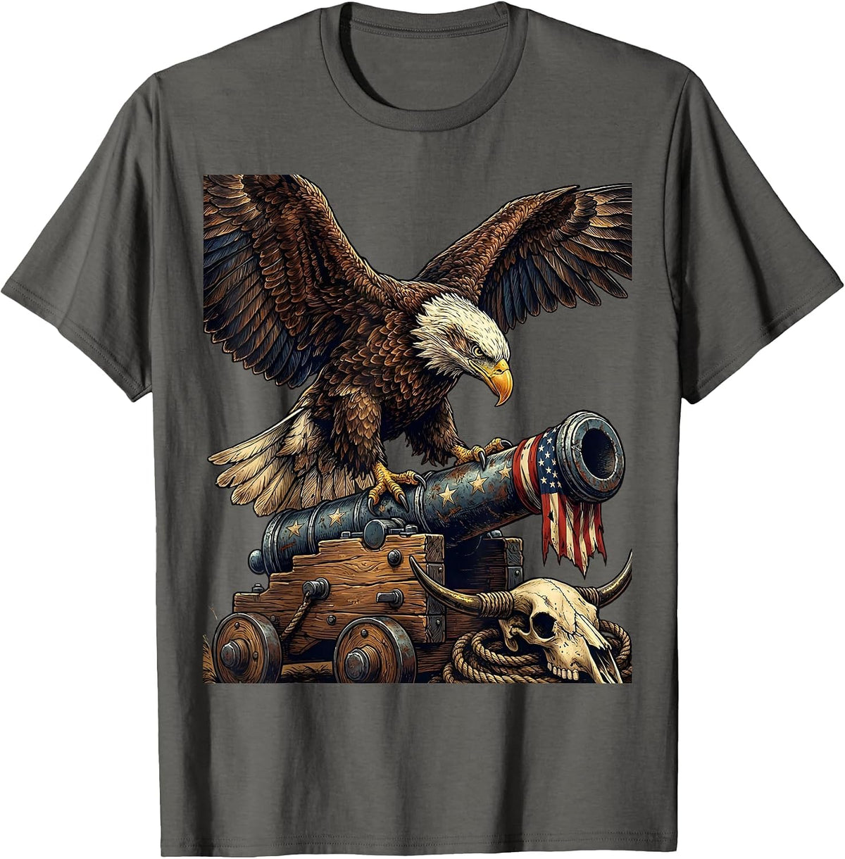 Men's Red White and Blue Eagle on Cannon Graphic T-Shirt - Asphalt Grey