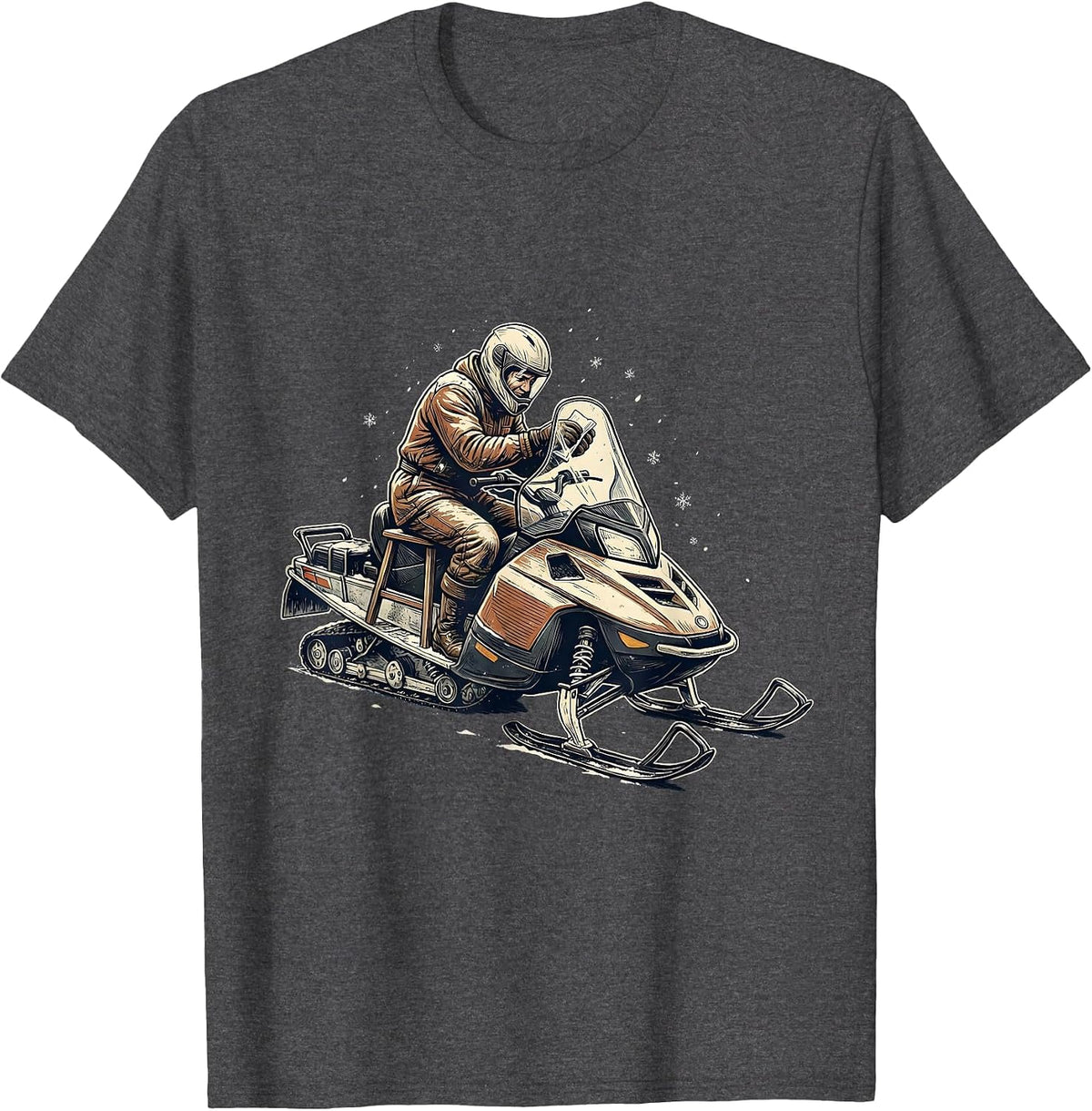 Helmeted Snowmobile Rider Vintage Winter Humor T-Shirt - Dark Heather Grey