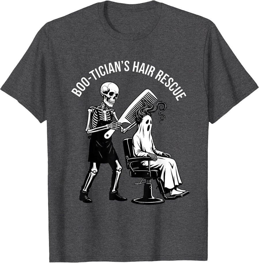 Men's Boo-tician's Hair Rescue Funny Skeleton Hairdresser T-Shirt - Dark Heather Grey