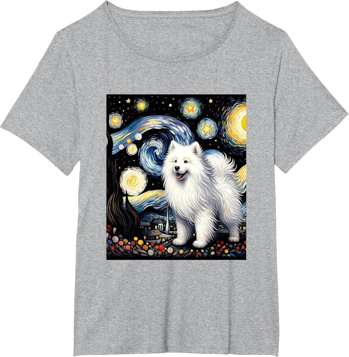 Samoyed Dog Van Gogh Starry Night Painting T-Shirt - Heather Grey