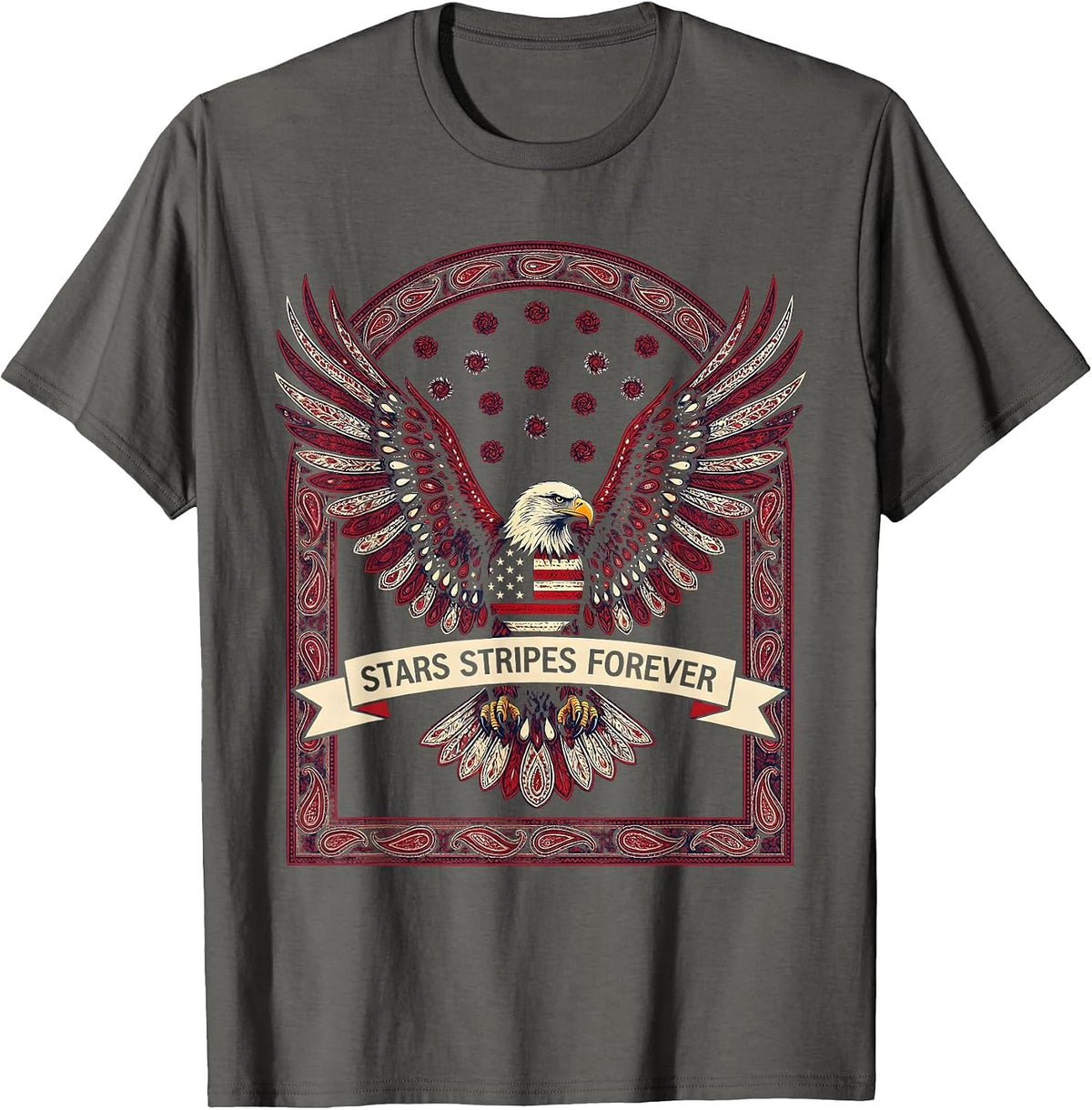 Stars Stripes Forever American Flag Eagle Design T-Shirt - Asphalt Grey