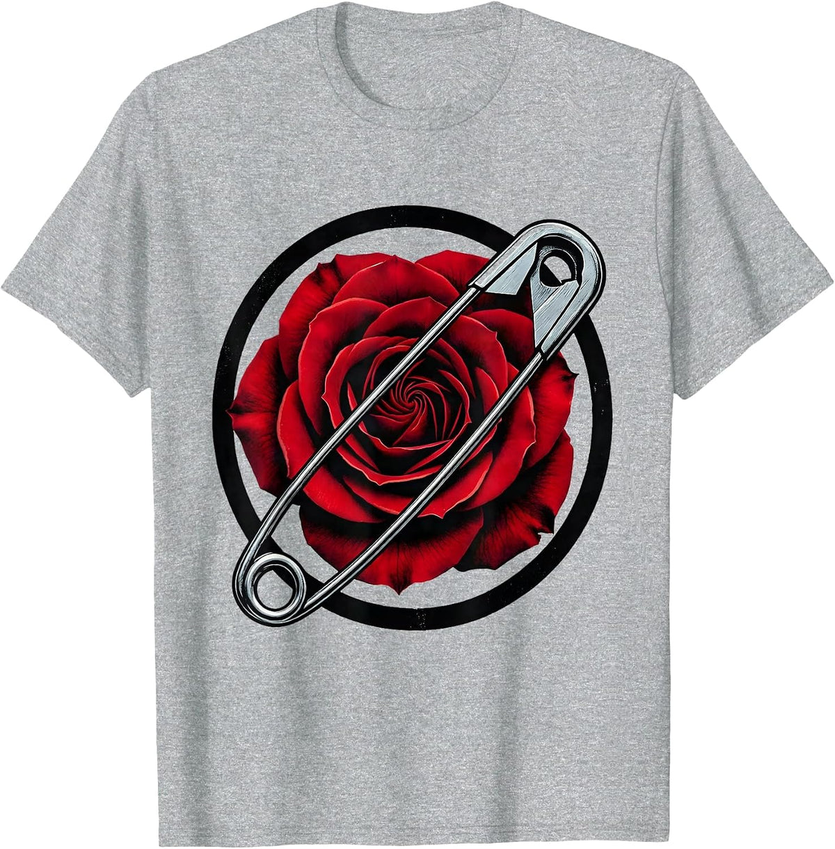 Men's Punk Rock Safety Pin Rose Graphic Tee T-Shirt - Heather Grey
