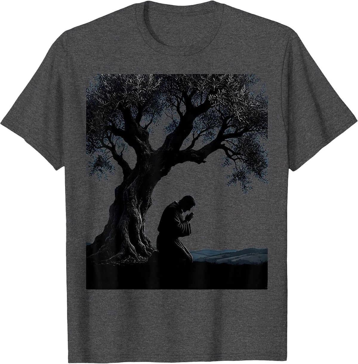 Jesus Kneeling in Garden at Night Illustration T-Shirt - Dark Heather Grey