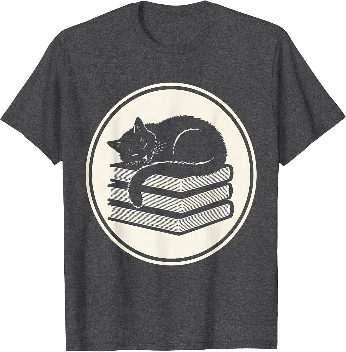 Tabby Cat Napping on Stack of Books T-Shirt - Dark Heather Grey