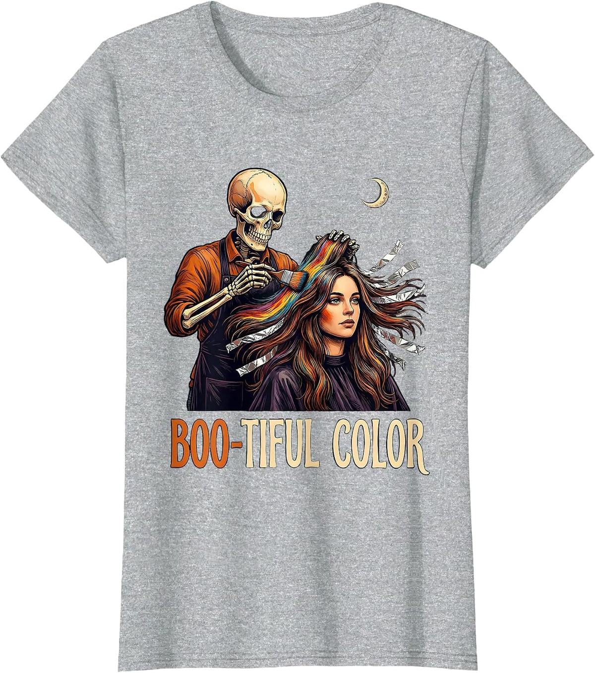 Women's Boo-tiful Color Funny Skeleton Hairstylist Halloween Barber T-Shirt - Heather Grey