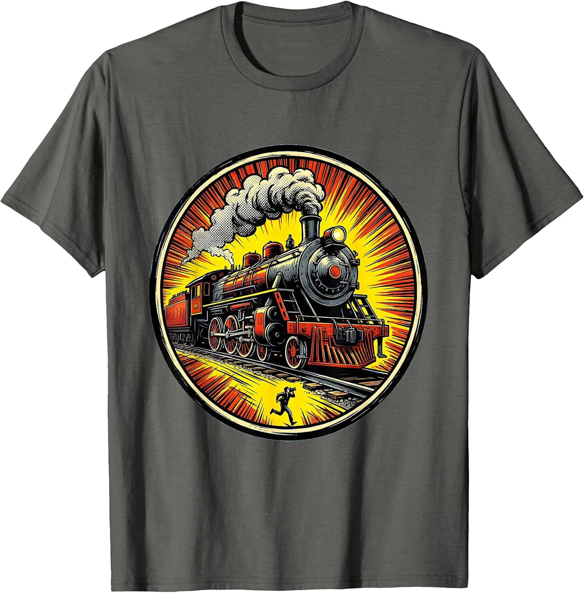 Steam Locomotive Comic Book Train Enthusiast Retro T-Shirt - Asphalt Grey
