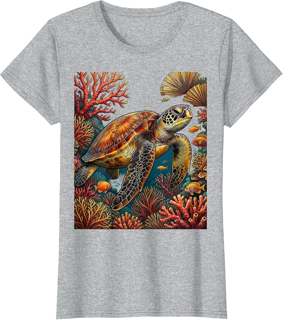 Women's Sea Turtle Coral Reef Hawaiian Ocean Design T-Shirt - Heather Grey