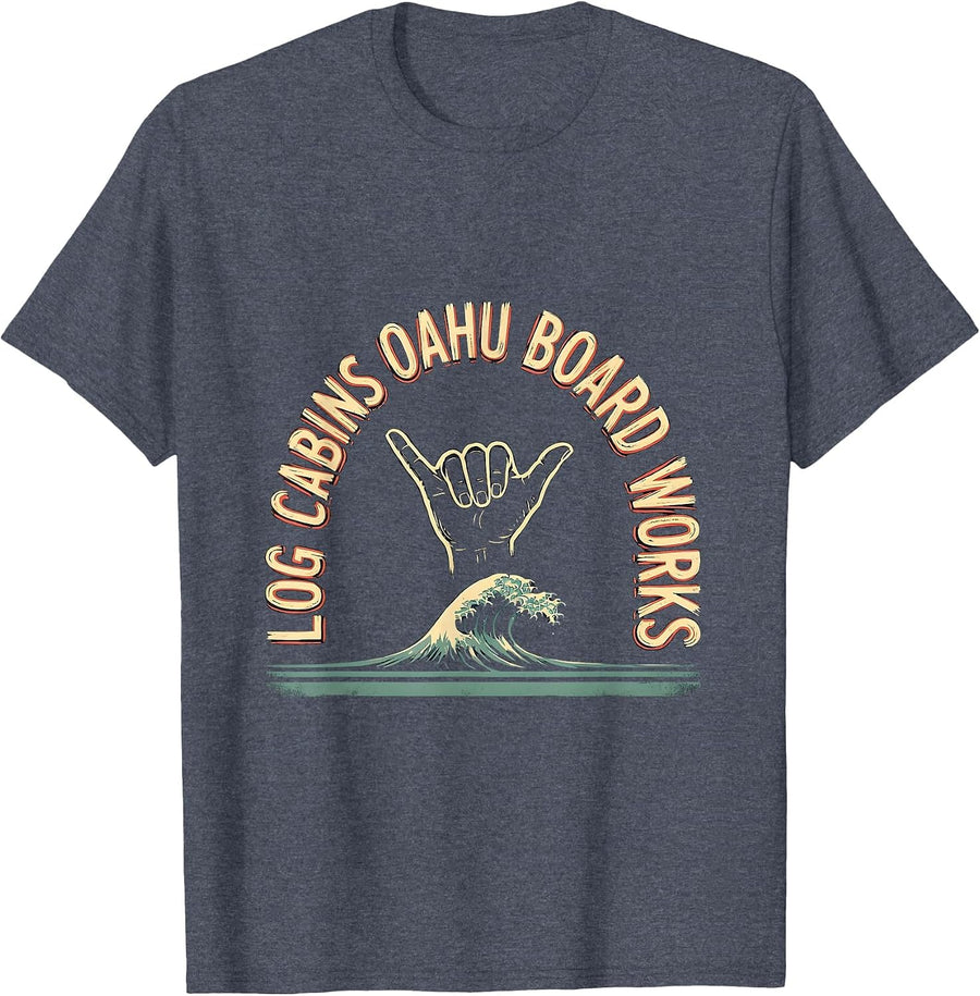 Log Cabins Oahu Board Works Vintage Surf Shaka Hawaiian T-Shirt - Heather Blue