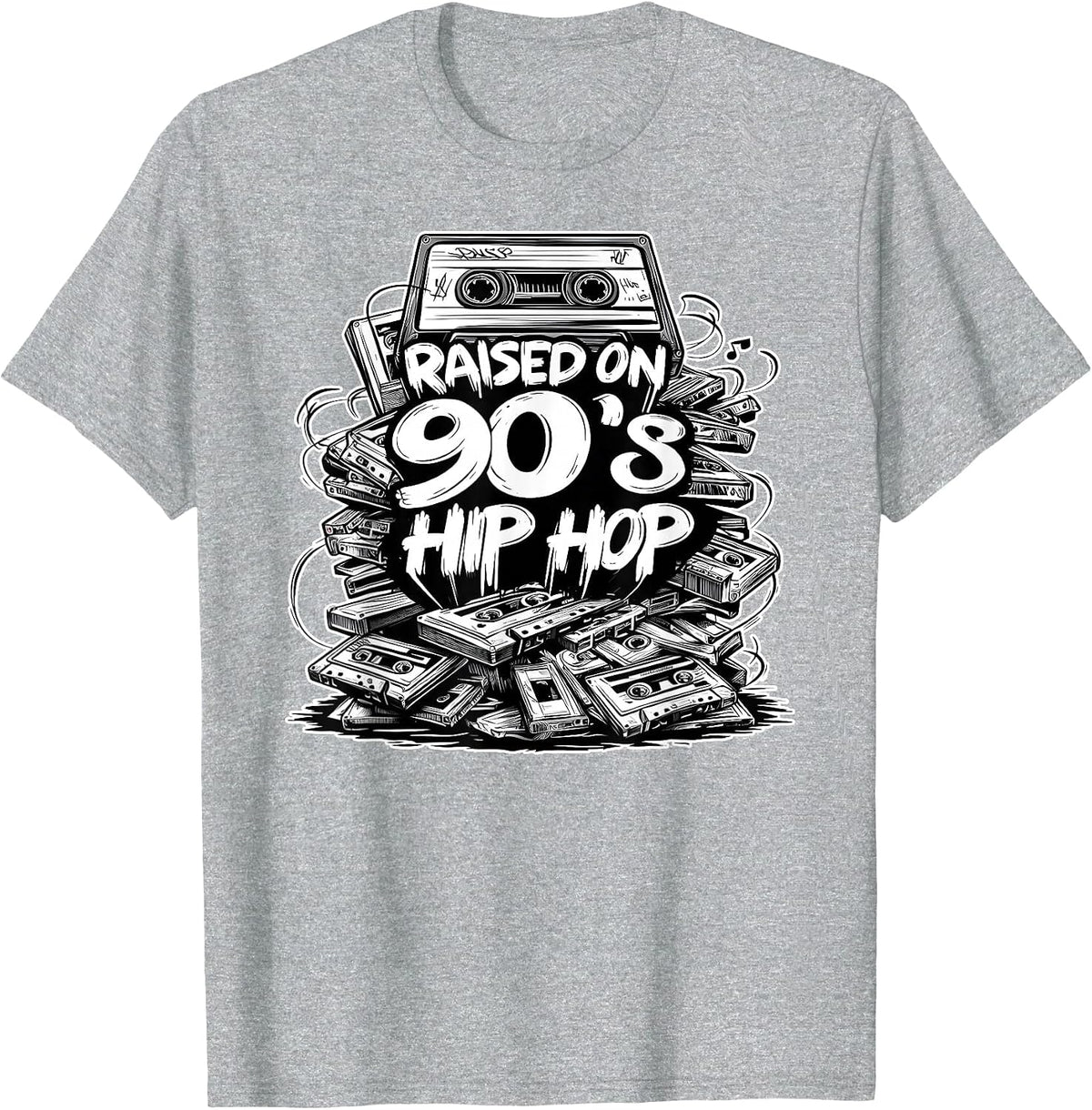 Raised ON 90s Hip HOP Cassette Tape Graffiti Rap T-Shirt - Heather Grey