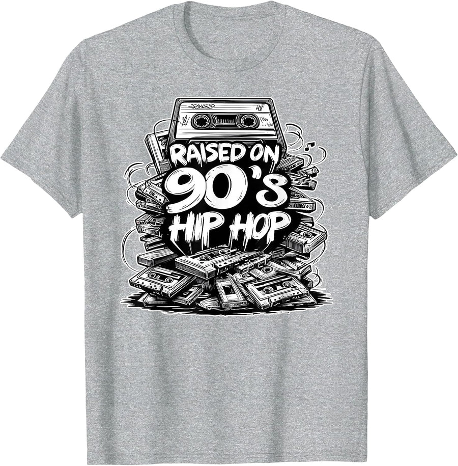 Raised ON 90s Hip HOP Cassette Tape Graffiti Rap T-Shirt - Heather Grey