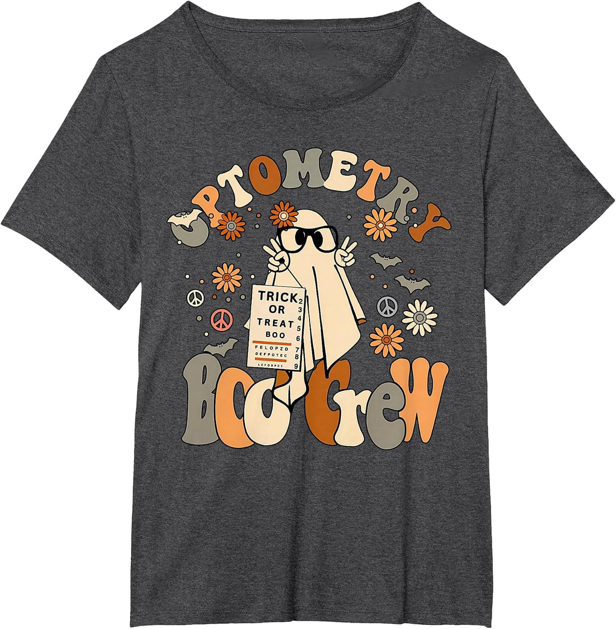 Spooky Optometry Boo Crew Ghost Halloween Eye Doctor T-Shirt - Dark Heather Grey