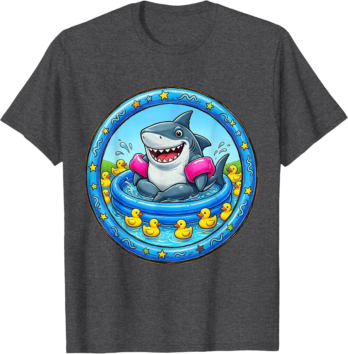 Shark In Kiddie Pool With Floaties Funny T-Shirt - Dark Heather Grey