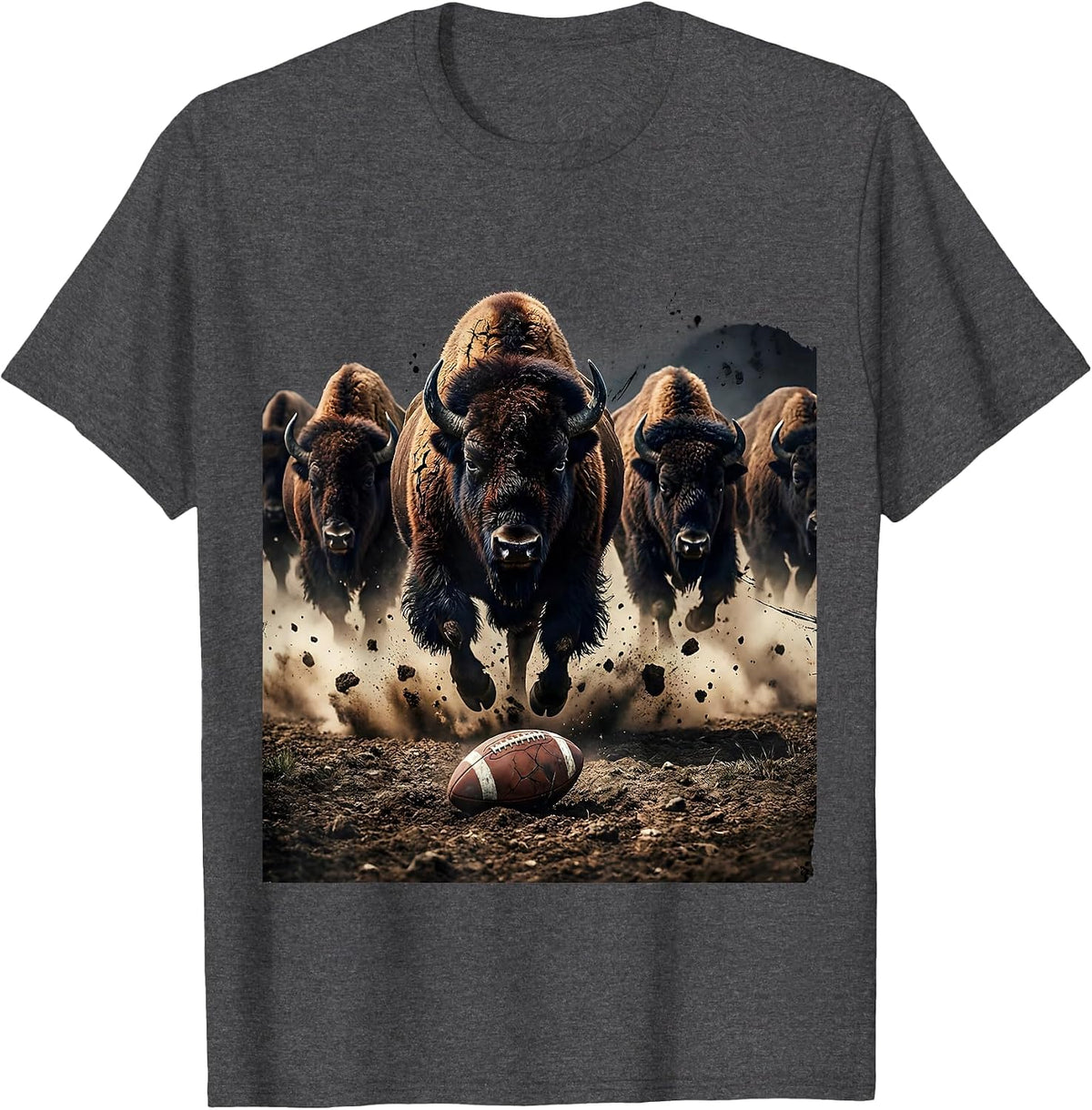 Bison Stampede Rugby Ball Dust Cloud Graphic T-Shirt - Dark Heather Grey
