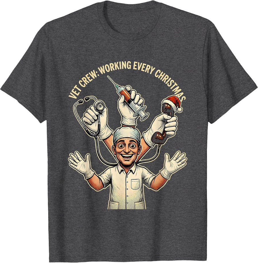 Men's Vet Crew: Working Every Christmas Funny Veterinarian T-Shirt - Dark Heather Grey