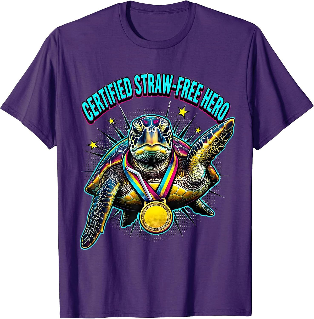 Men's Certified Straw-Free Hero Funny Sea Turtle Plastic Straw T-Shirt - Purple