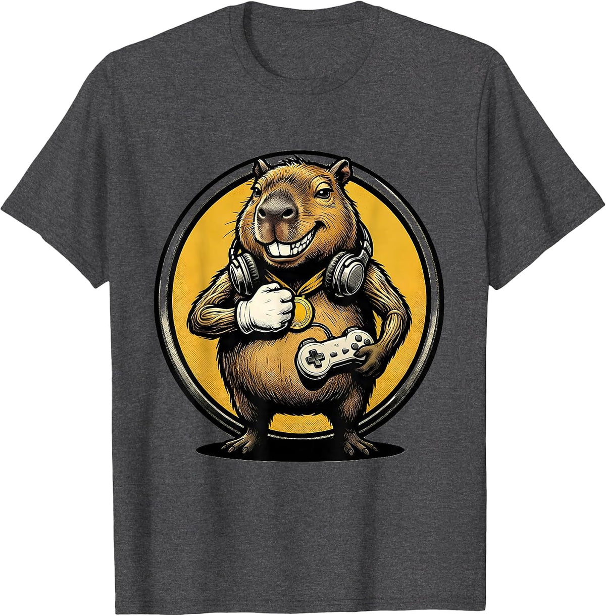 Men's Capybara Gamer Retro Cartoon Funny Meme Humor T-Shirt - Dark Heather Grey
