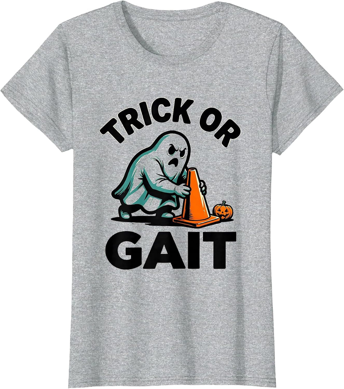 Trick Or Gait Cartoon Ghost OT PT Therapist Halloween Humor T-Shirt - Heather Grey