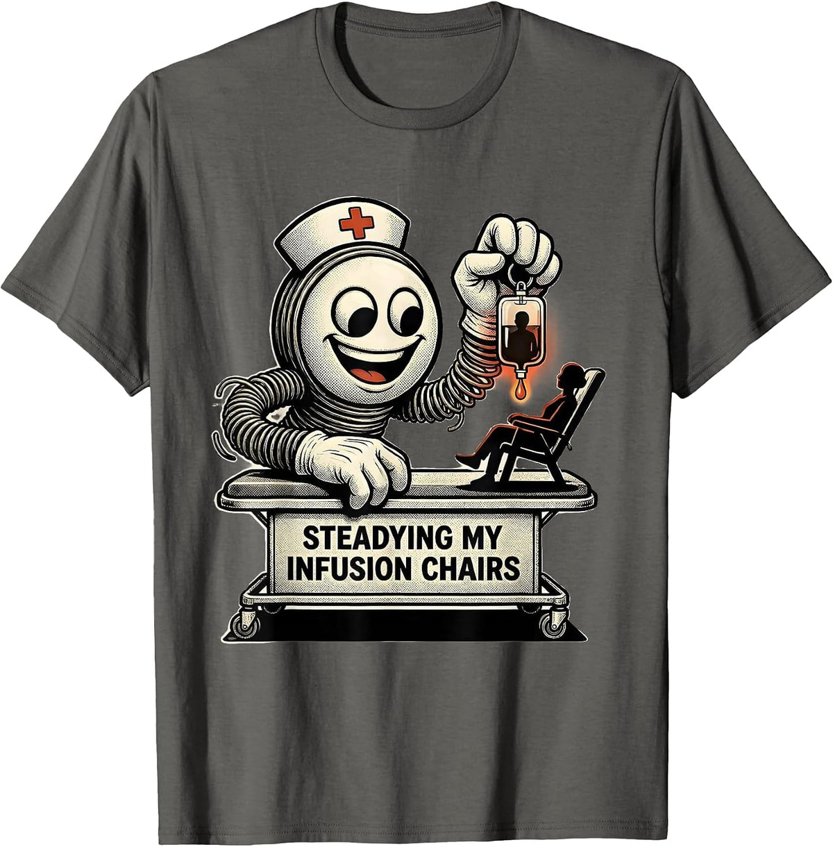 Men's Steadying My Infusion Chairs Retro Cartoon Nurse T-Shirt - Asphalt Grey