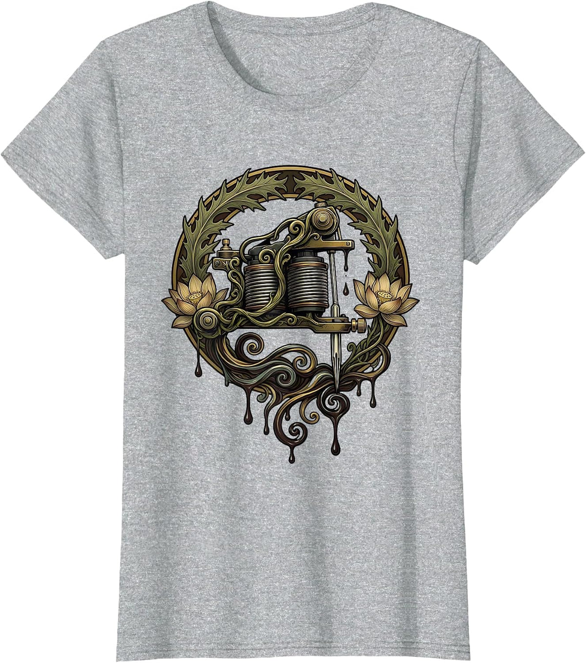 Women's Tattoo Machine Dripping Ink Graphic Design T-Shirt - Heather Grey