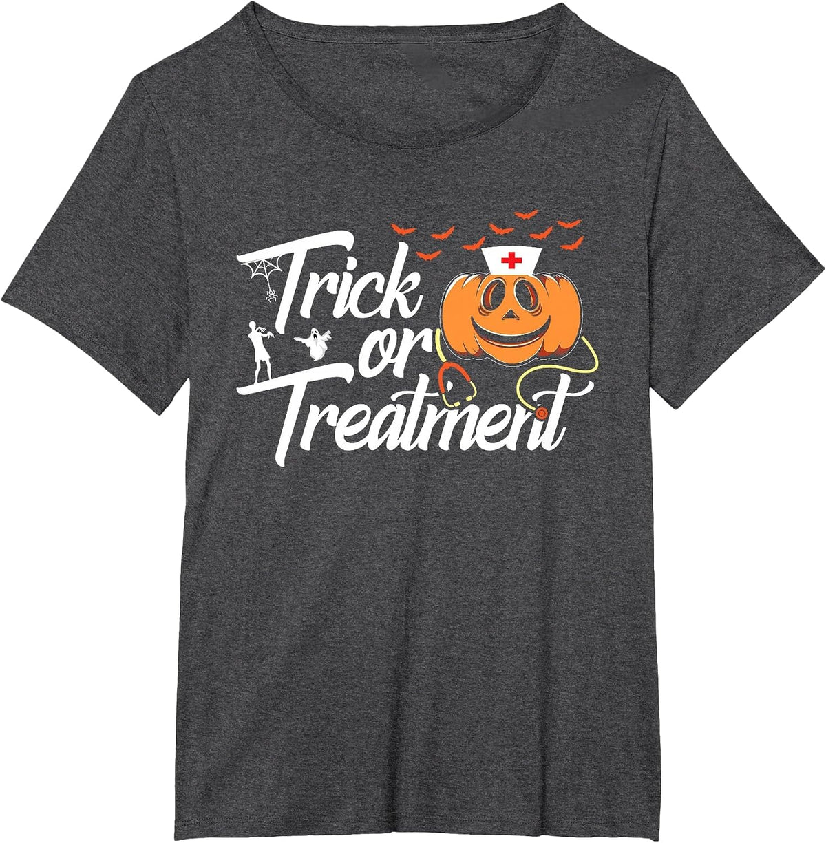 Trick Or Treatment Funny Medical Personnel Halloween Nurse T-Shirt - Dark Heather Grey
