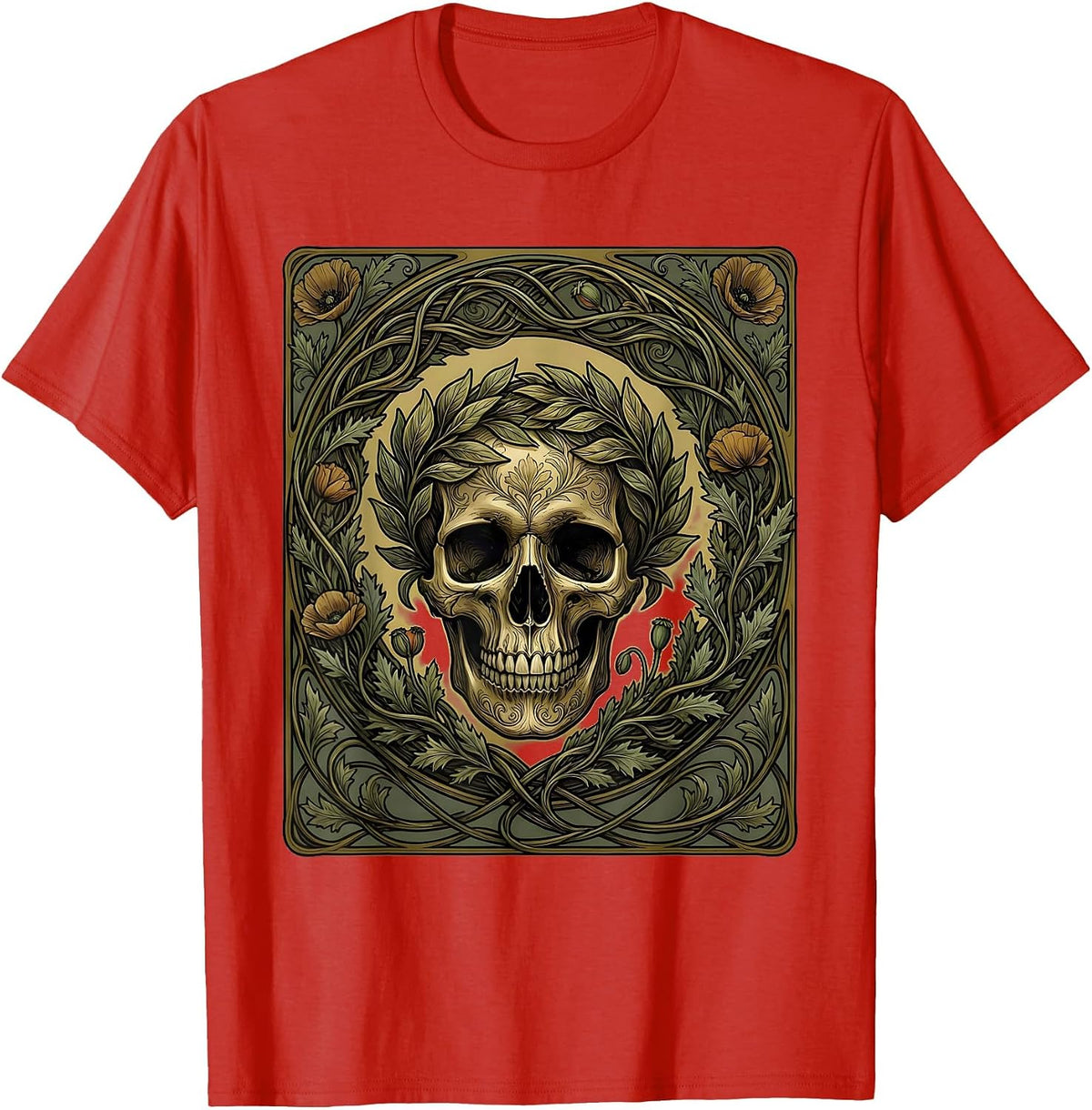 Men's Renaissance Skull Laurel Wreath Crown Art Design T-Shirt - Red