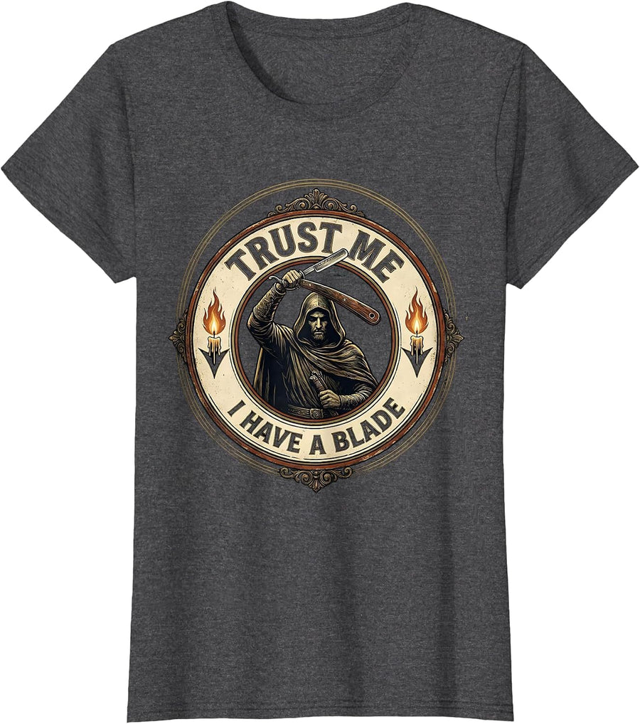 Women's Trust Me I Have A Blade Vintage Hairdresser Barber Humor T-Shirt - Dark Heather Grey