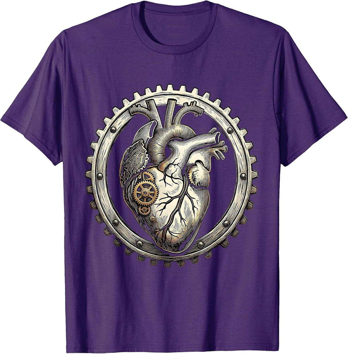 Steampunk Clockwork Heart Exposed Gears Design T-Shirt - Purple