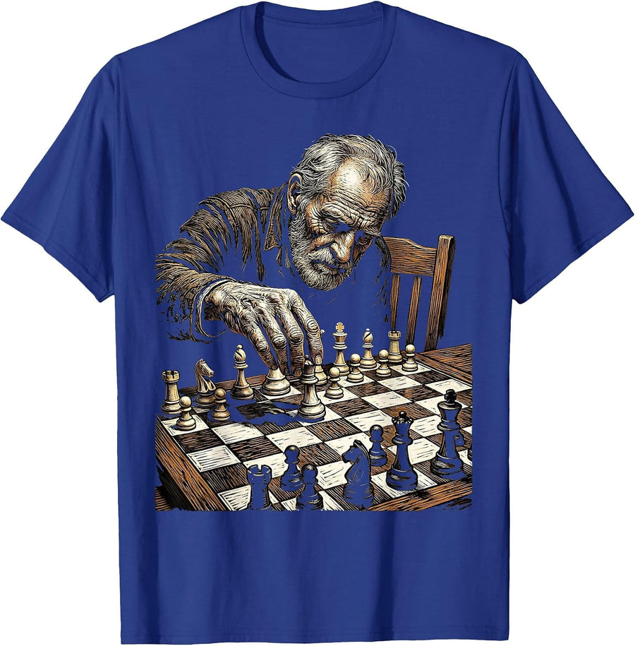 Grandpa Chess Player Illustration Graphic T-Shirt - Royal Blue