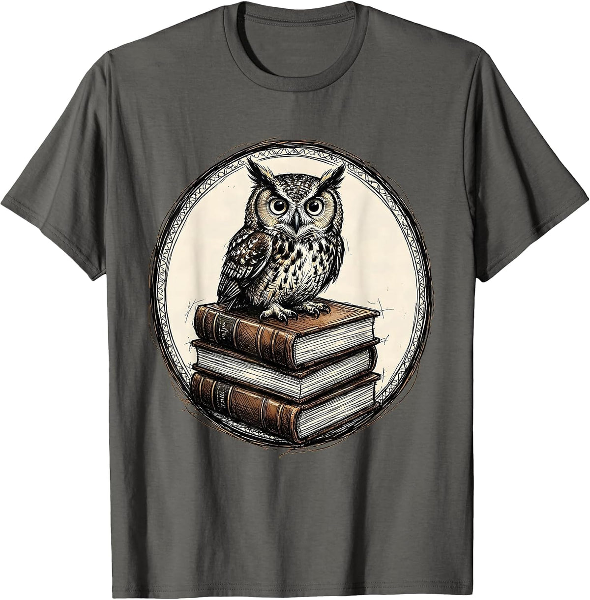 Men's Owl Perched on Stacked Leather Books Illustration T-Shirt - Asphalt Grey