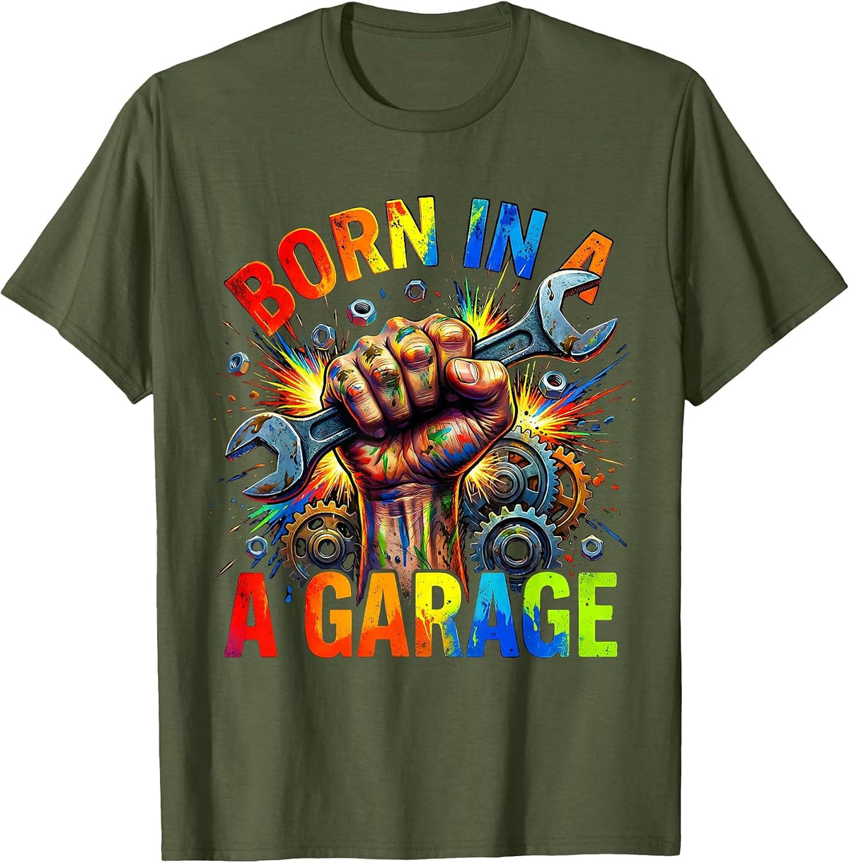 Men's Born in a Garage Mechanic Pride Design T-Shirt - Olive Green