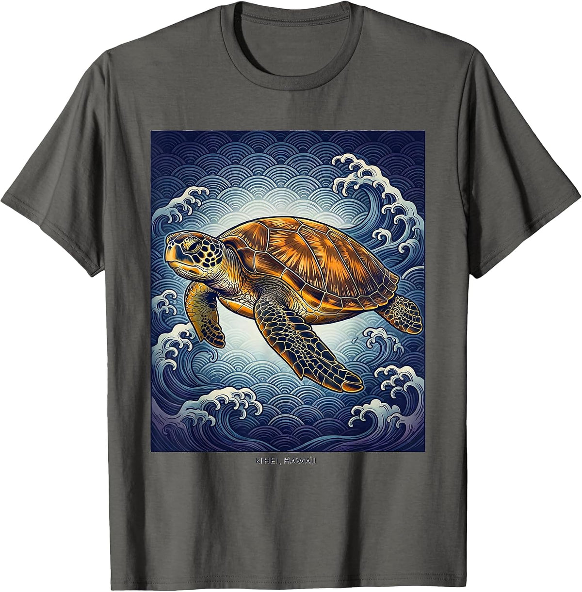 Kihei Hawaii Ukiyo-e Sea Turtle Beach Souvenir Vacation T-Shirt - Asphalt Grey