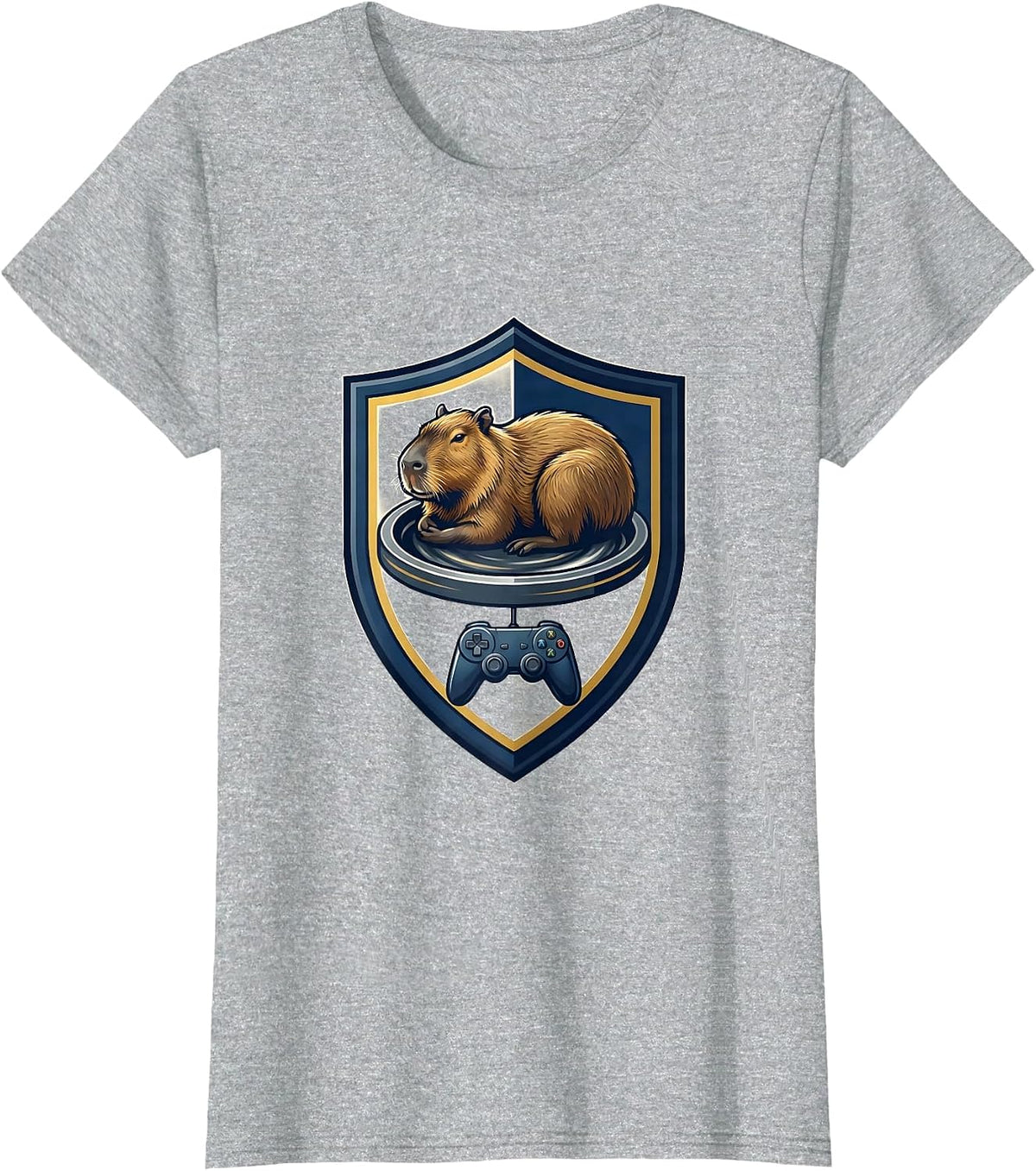 Capybara Gamer Emblem Funny Video Games T-Shirt - Heather Grey